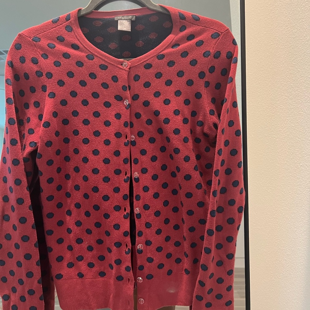Ann Taylor Factory Red And Blue Polka Dot Cardigan Size S